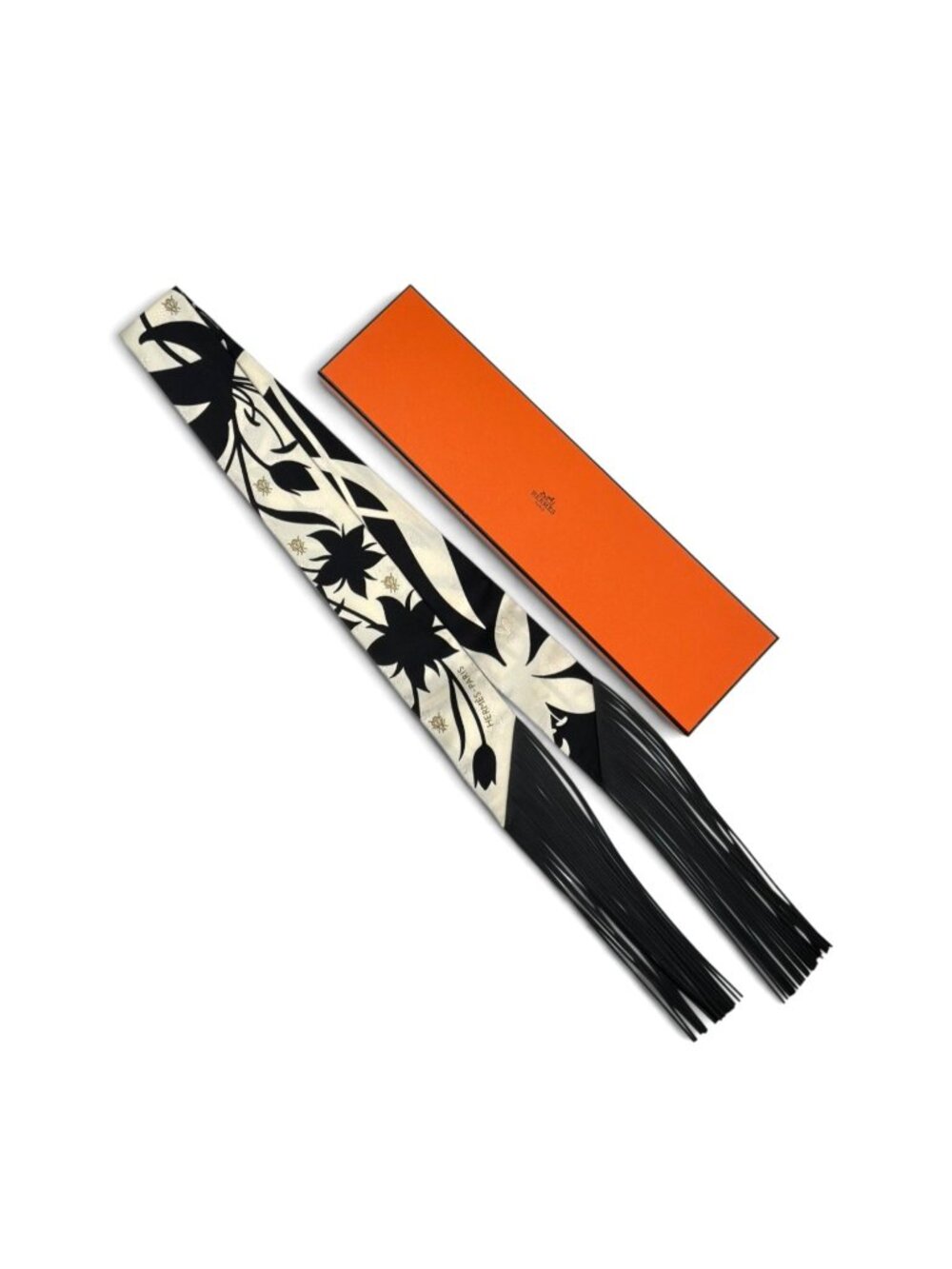HERMES Silk And Leather Fringe Twilly With Bee And Floral Print